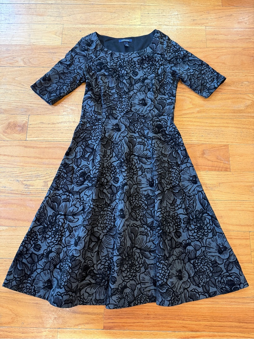 Lands' End Black Floral Fit & Flare A-Line Midi Dress